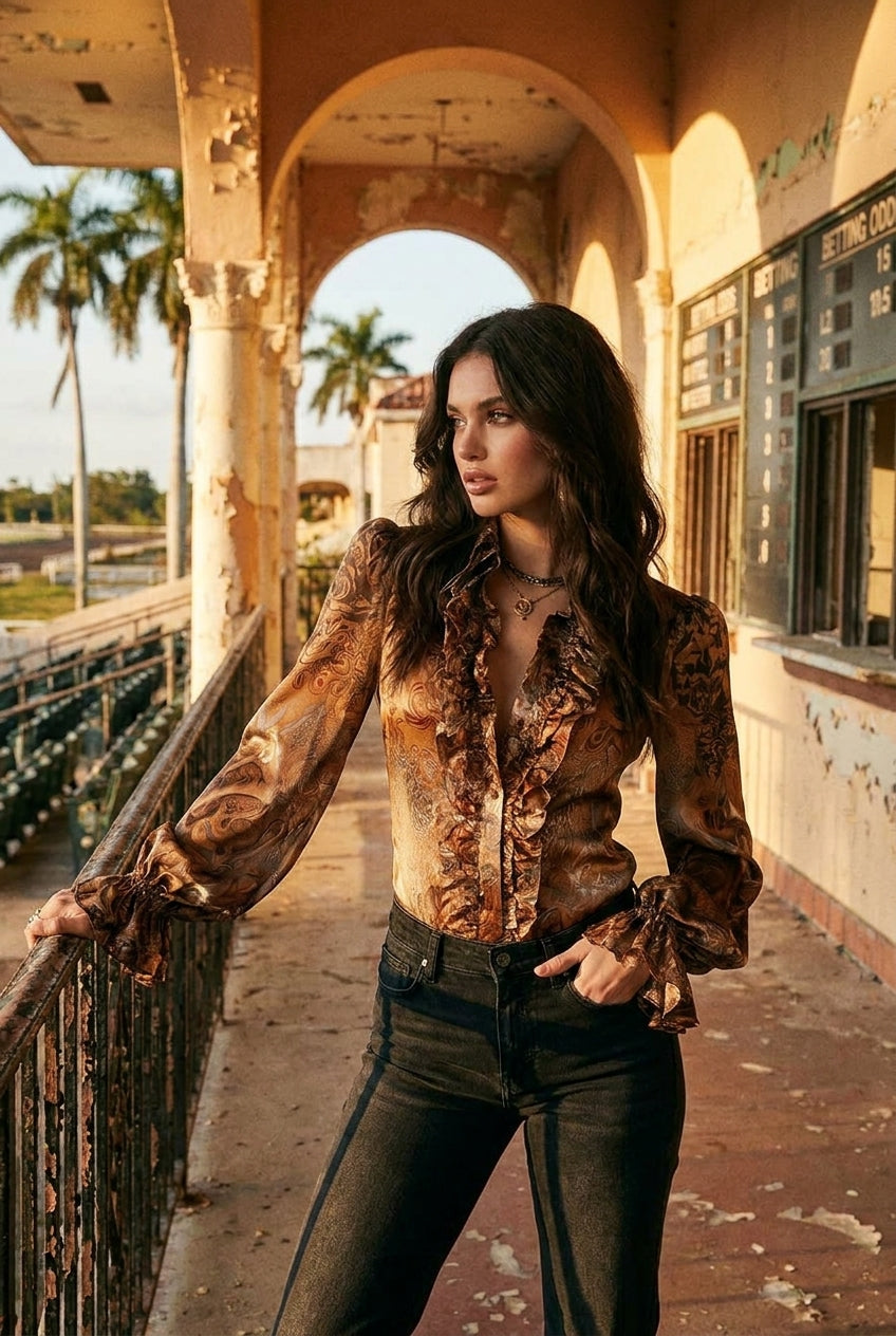 Blusa Vintage de Satín con Estampado de Cachemira, Olanes y Cuello en V - Caramelo - S