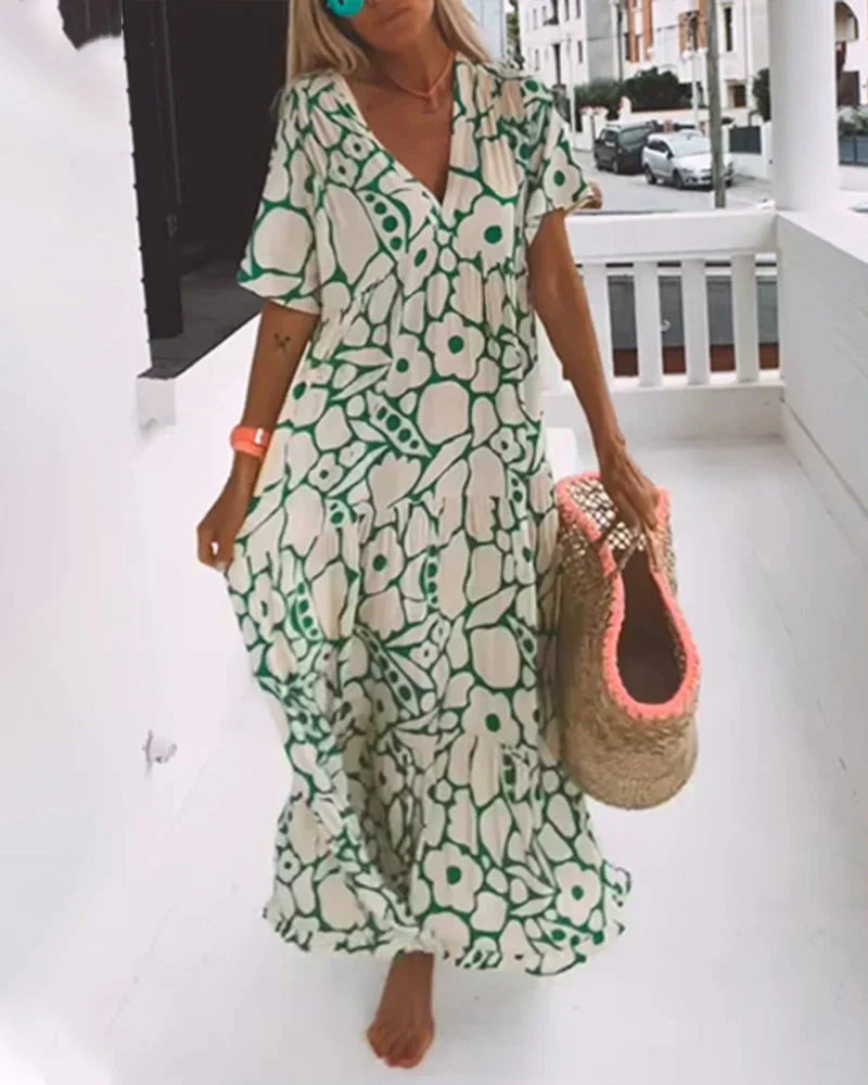 CHRISTINE | Vestido Largo de Verano de Corte Fluido con Elegante Estampado Gráfico - Verde - Casi Agotado - XL [44]