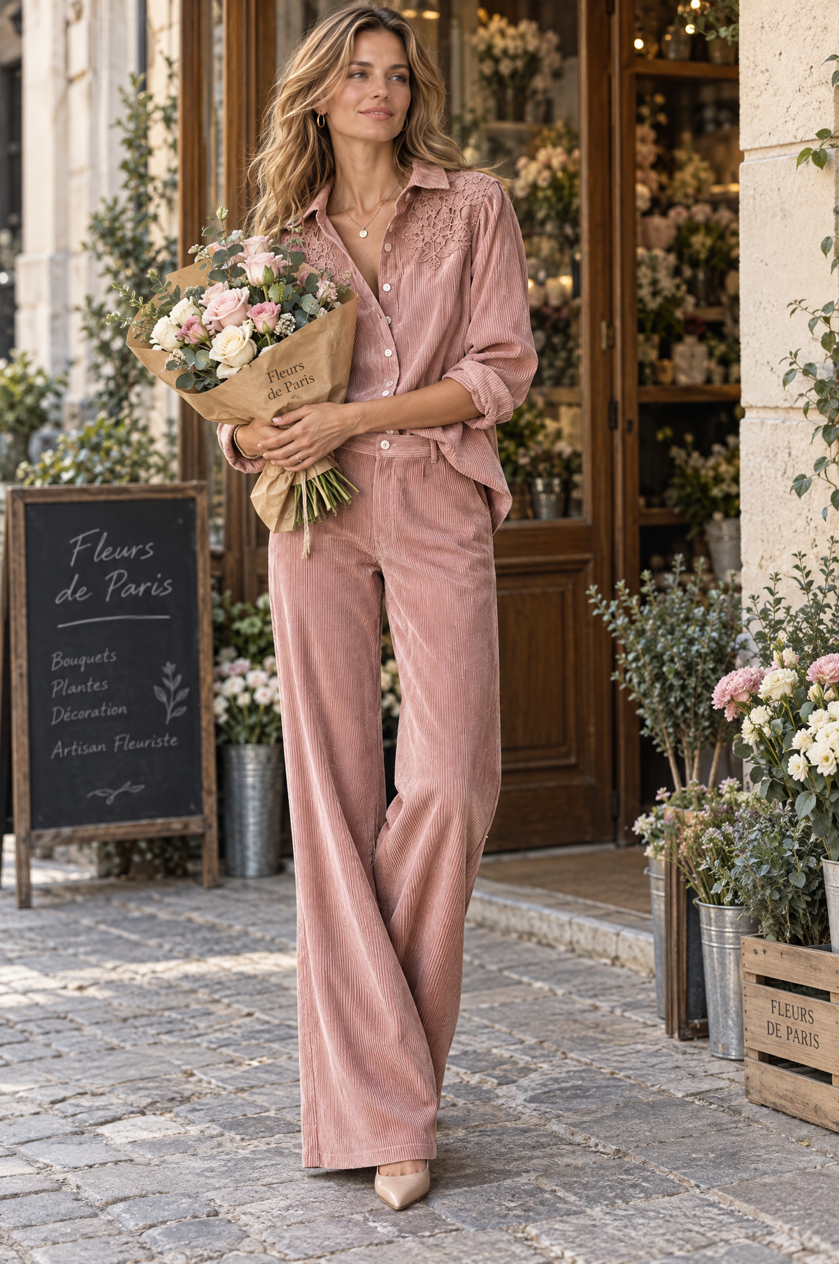 Conjunto Boho de Camisa de Pana con Encaje y Pantalón de Pierna Ancha - Rosa - XL