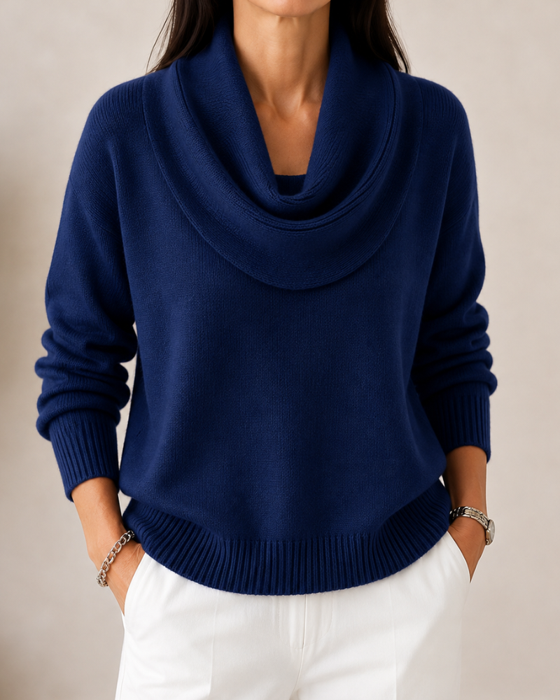 Caralina™ | Suéter Tejido Elegante con Cuello Ondulado - Azul Marino - S