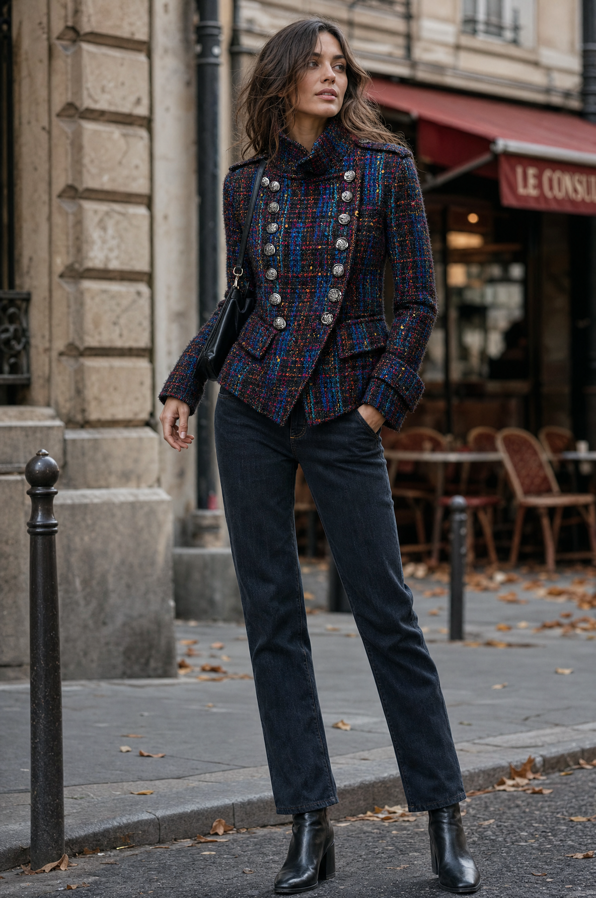 Abrigo Retro de Tweed Estilo Militar con Doble Botonadura y Botones Metálicos - Royal Blue - S