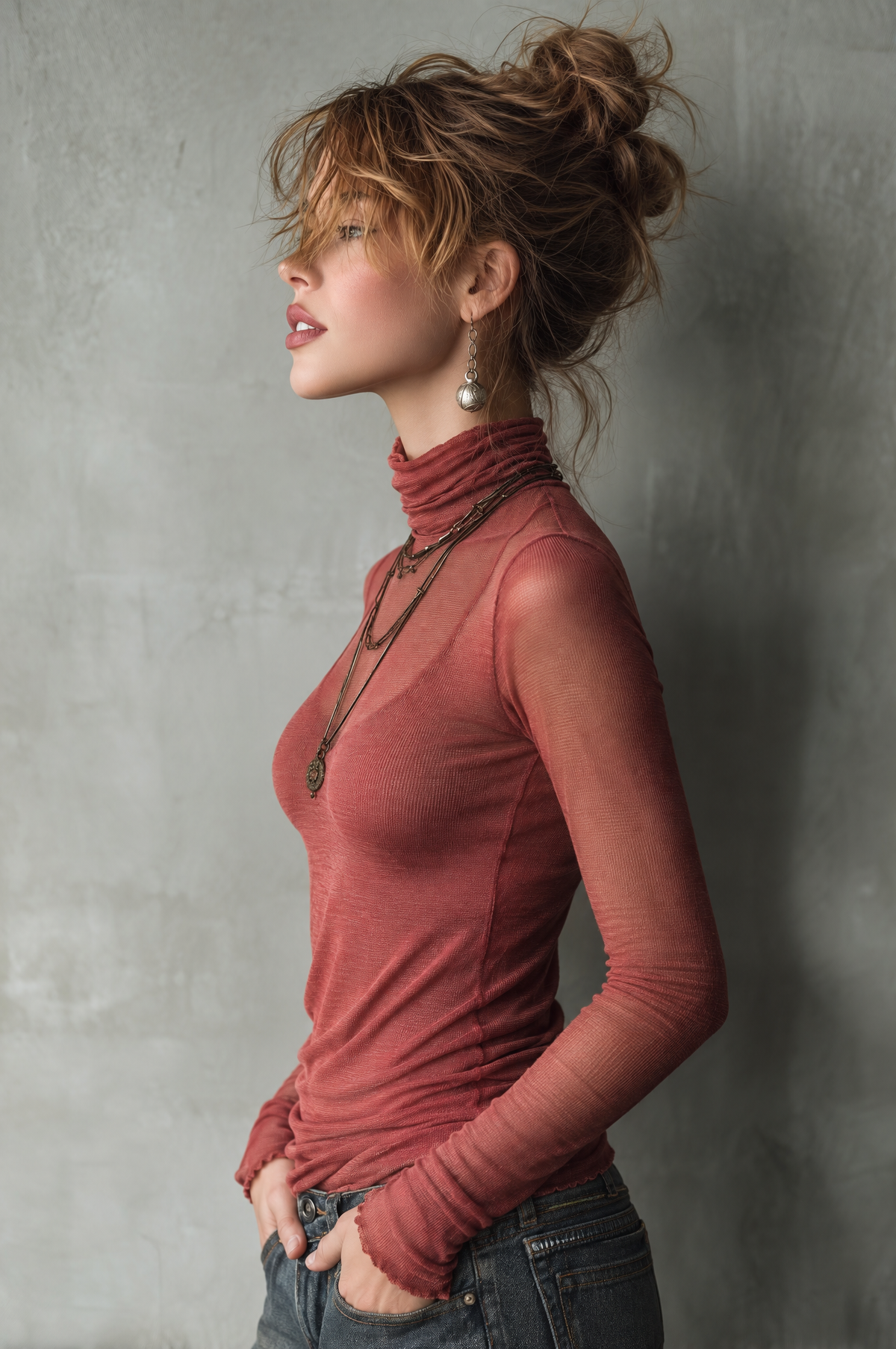 Suéter Retro Entallado de Punto Transparente con Cuello Alto Color Frambuesa - Frambuesa - L