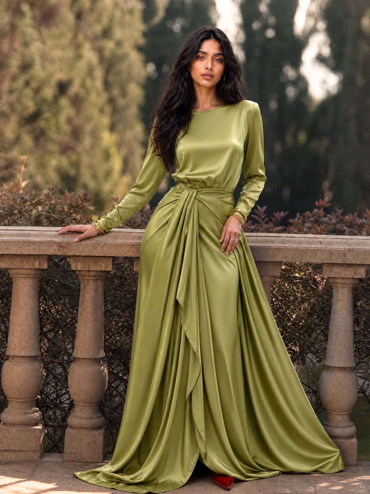 Cassandra | Vestido Largo de Mujer de Satín Drapeado - Verde - L