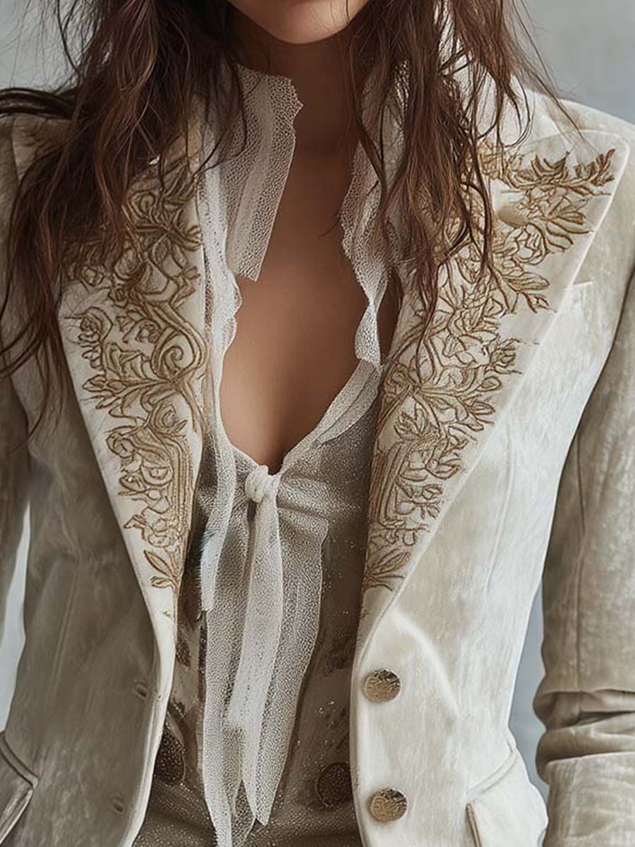 Constance | Blazer Marfil Bordado Estilo Sastre - Beige - L