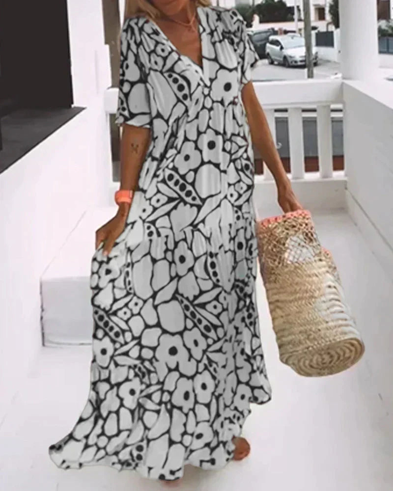 CHRISTINE | Vestido Largo de Verano de Corte Fluido con Elegante Estampado Gráfico - Amarillo - M [38–40]