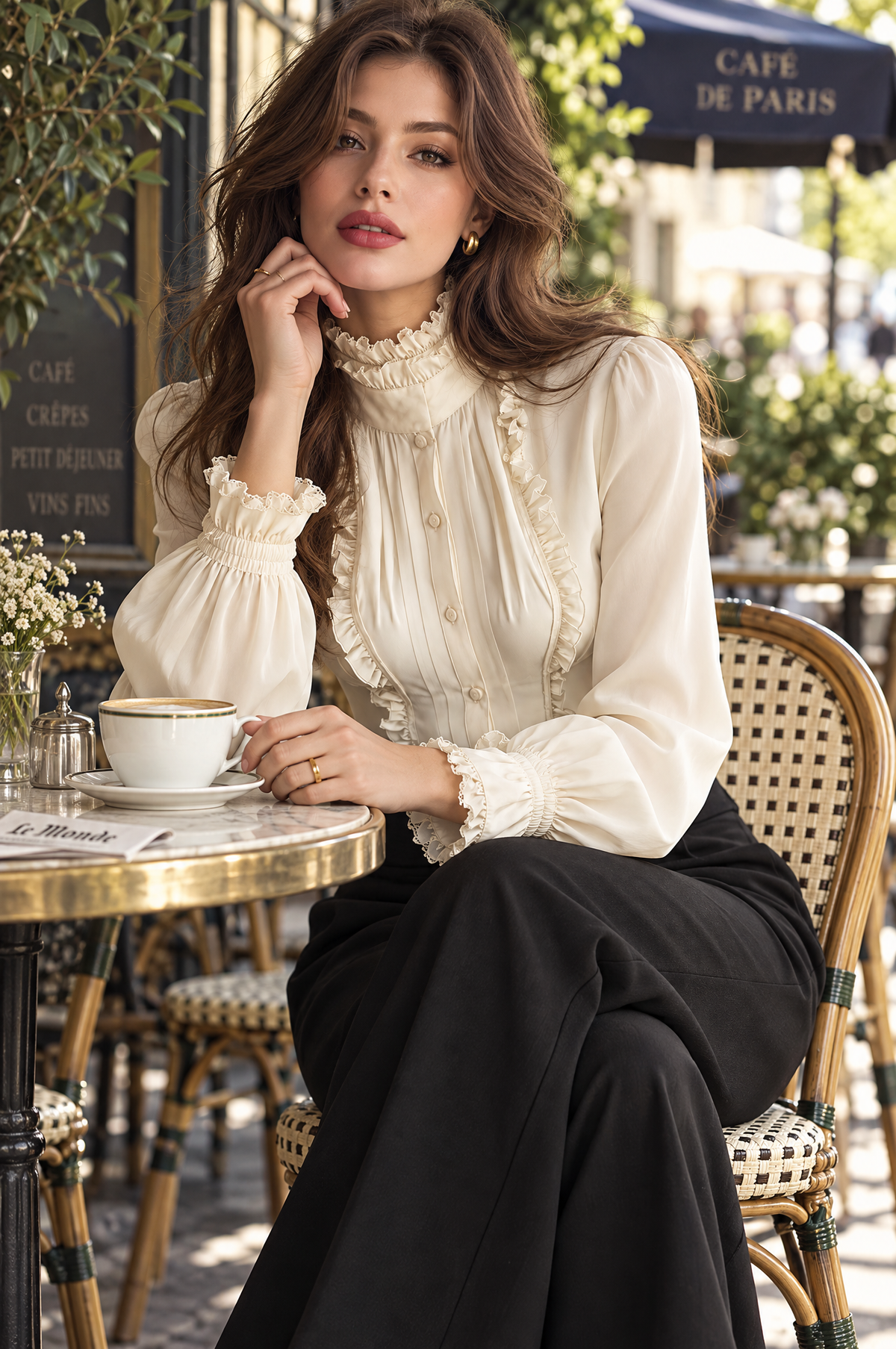 Blusa Estilo Victoriano de Manga Larga con Cuello Mao de Olanes - Blanco Hueso - S