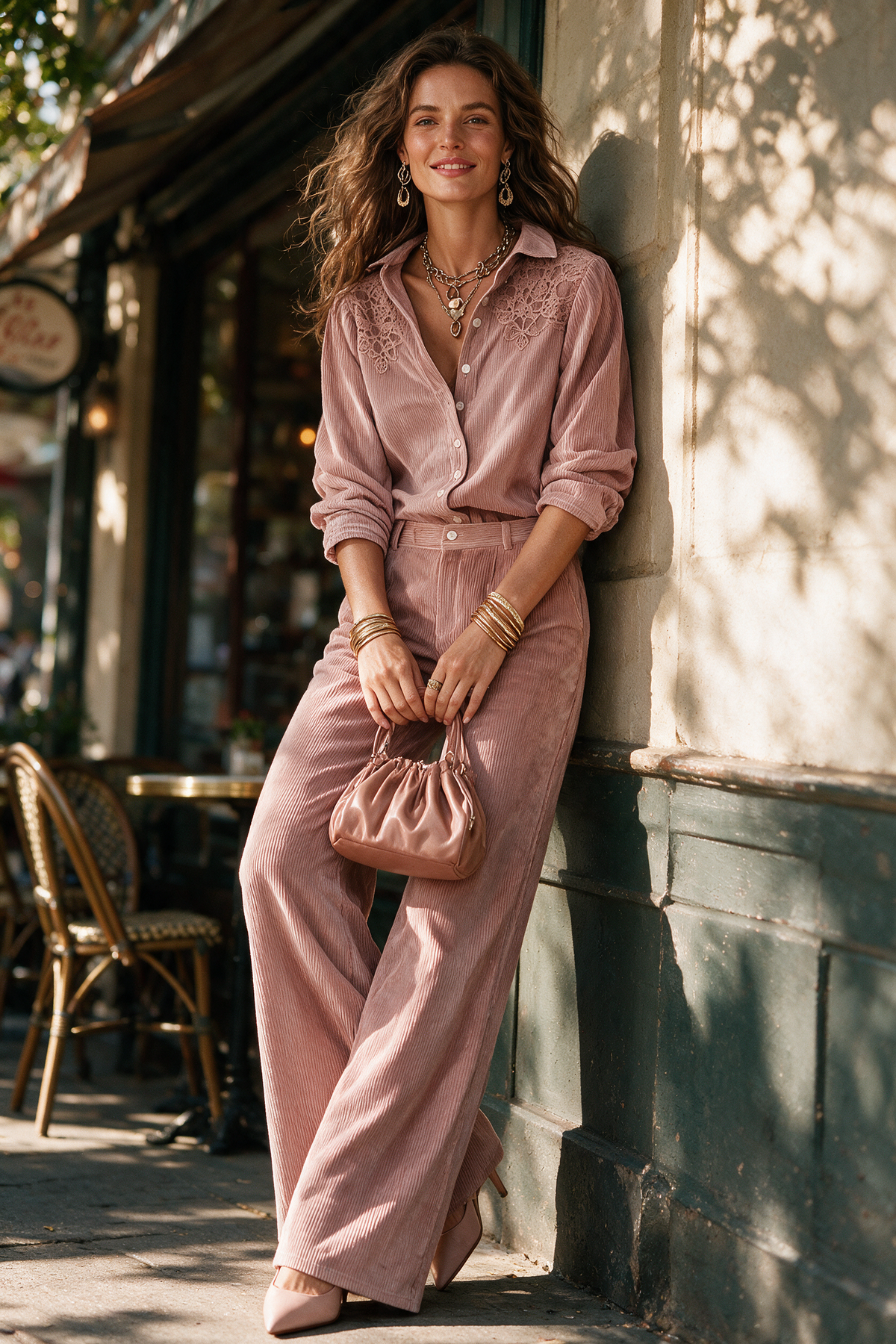 Conjunto Boho de Camisa de Pana con Encaje y Pantalón de Pierna Ancha - Rosa - S