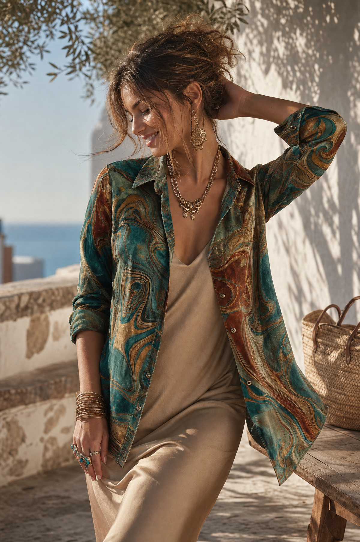 Blusa Vintage de Terciopelo con Estampado de Mármol, Manga Larga y Botones - Verde Azulado - M