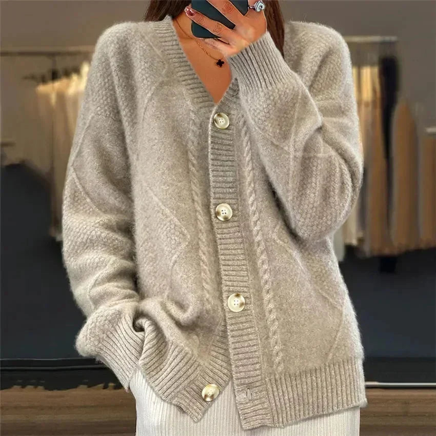 Aaliyah | Cárdigan con Botones, Cuello en V y Detalle Tejido de Diamantes, Capa para el Día a Día - Gris - S
