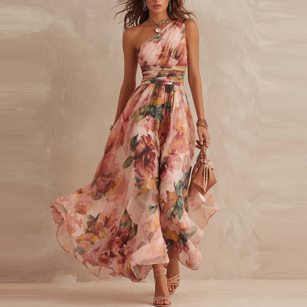 Aurora | Vestido Largo de Mujer Floral de un Solo Hombro - Rosa - S