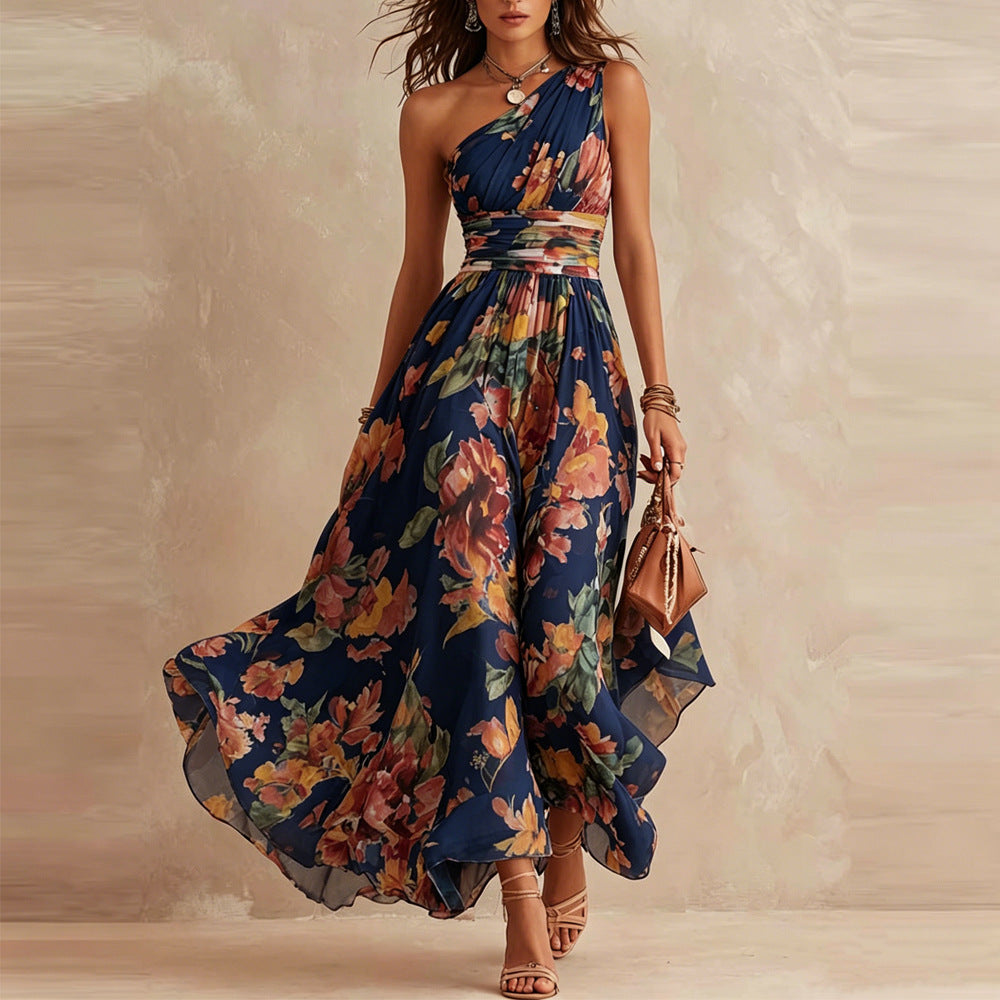 Aurora | Vestido Largo de Mujer Floral de un Solo Hombro - Rosa - M