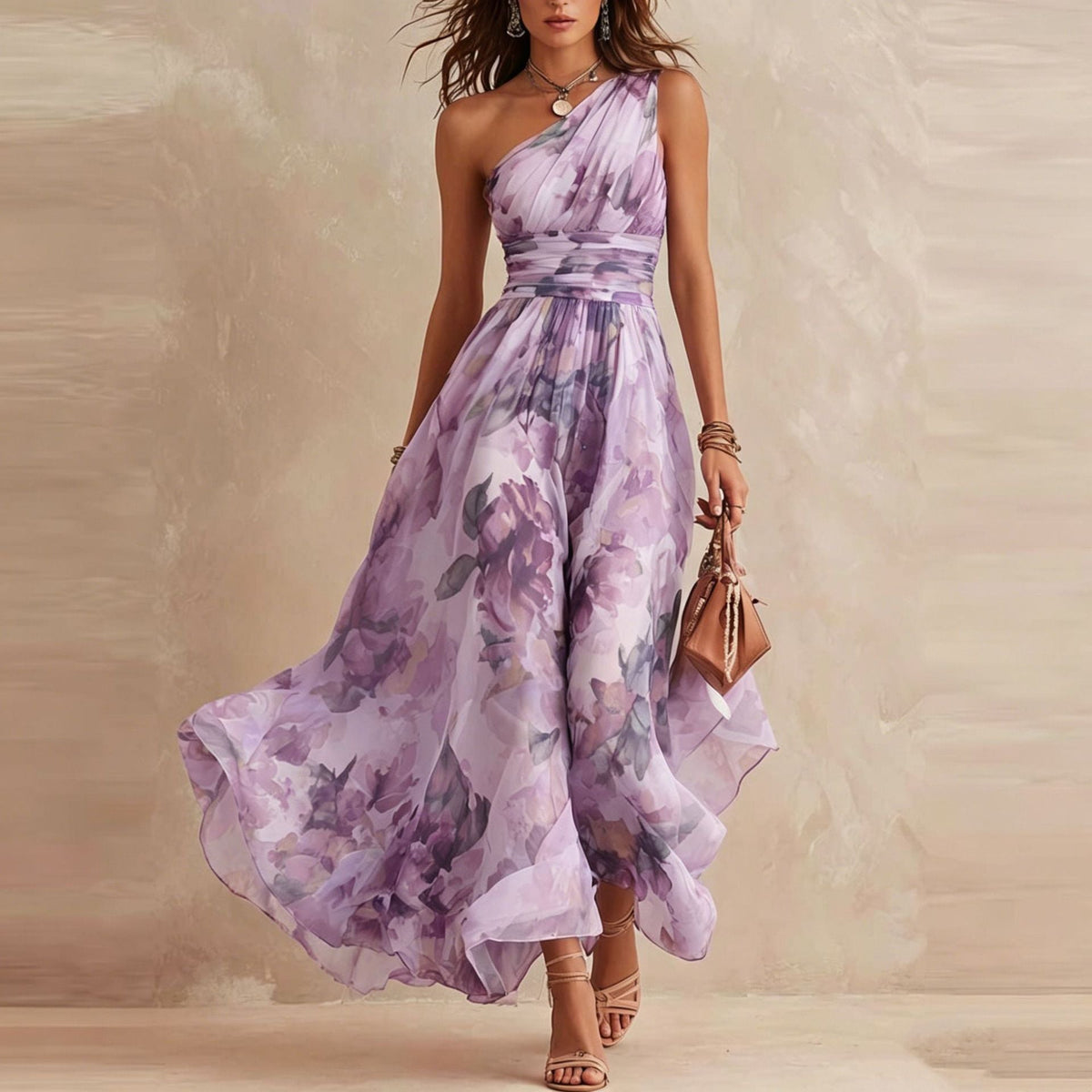 Aurora | Vestido Largo de Mujer Floral de un Solo Hombro - Rosa - L