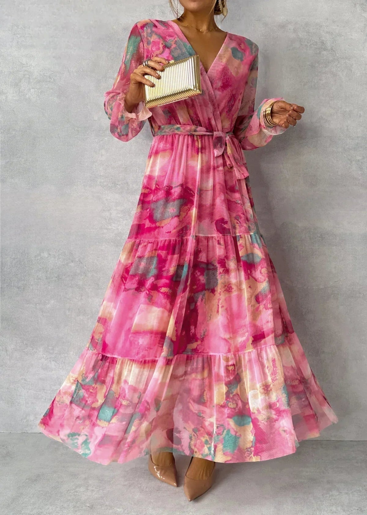 ZOEY | Vestido Cruzado Floral Vibrante con Silueta de Capas Favorecedora - Rojo Rosa - S