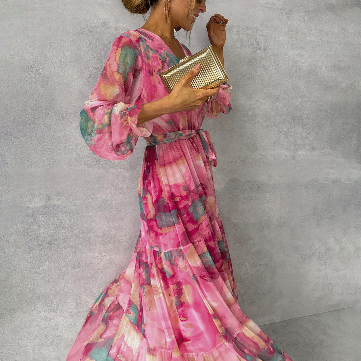 ZOEY | Vestido Cruzado Floral Vibrante con Silueta de Capas Favorecedora - Rojo Rosa - M