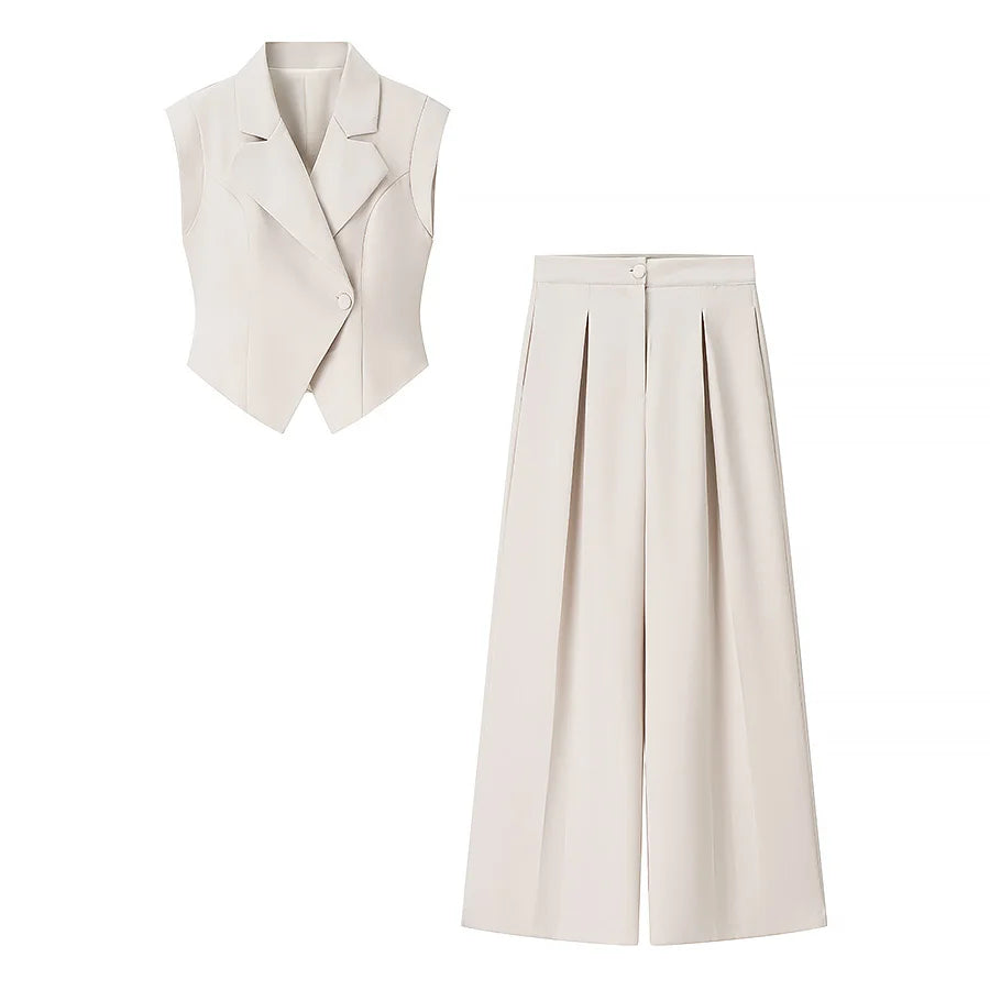 2 Pcs Women Chic Pants Suit Casual Turn-down Collar Slim Top+ Zipper Waist-drooping Wide-leg Long Pants Fashion Summer Suits Set