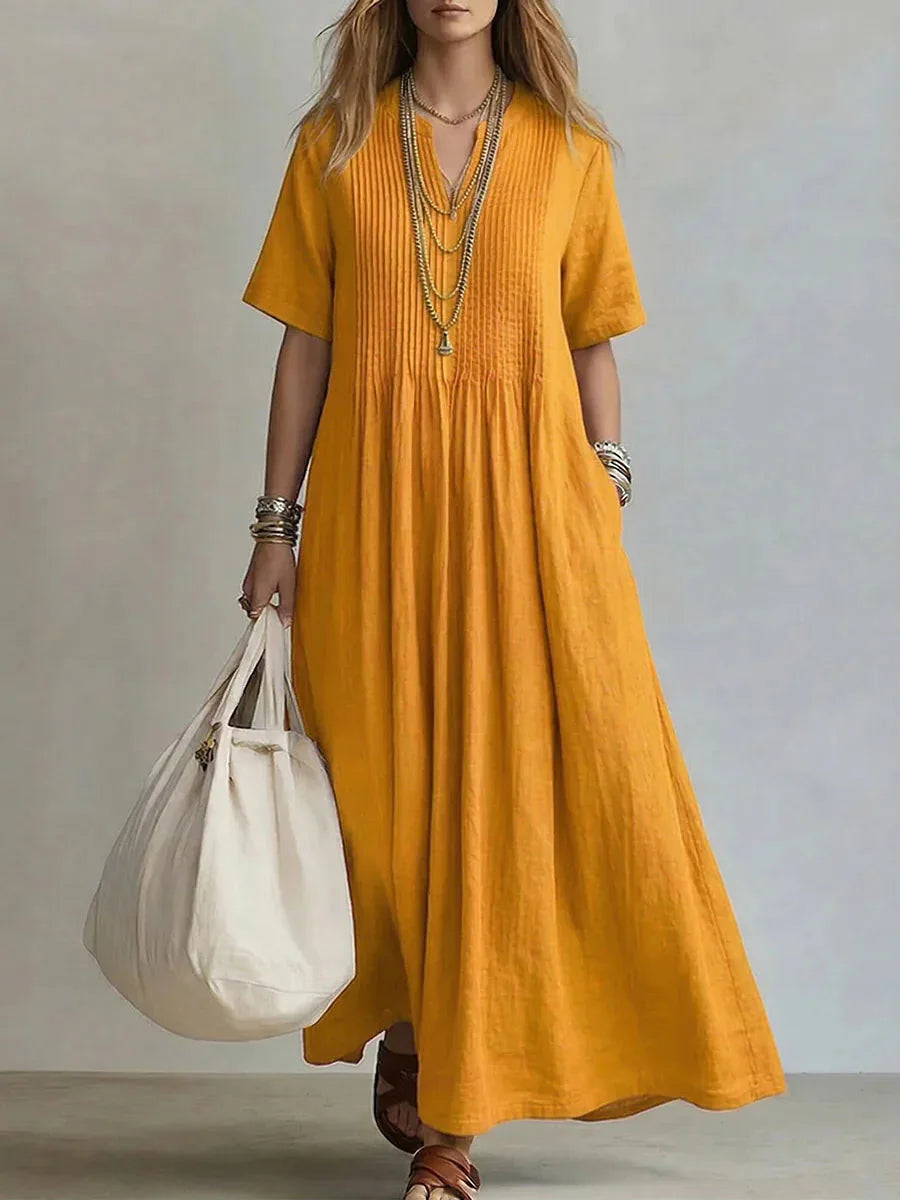 WREN | Vestido Maxi Azul de Manga Corta - Amarillo - M