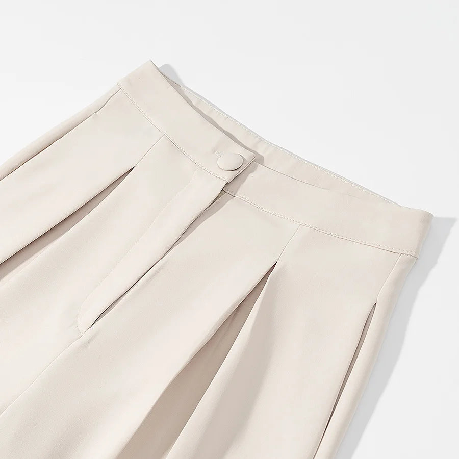 2 Pcs Women Chic Pants Suit Casual Turn-down Collar Slim Top+ Zipper Waist-drooping Wide-leg Long Pants Fashion Summer Suits Set