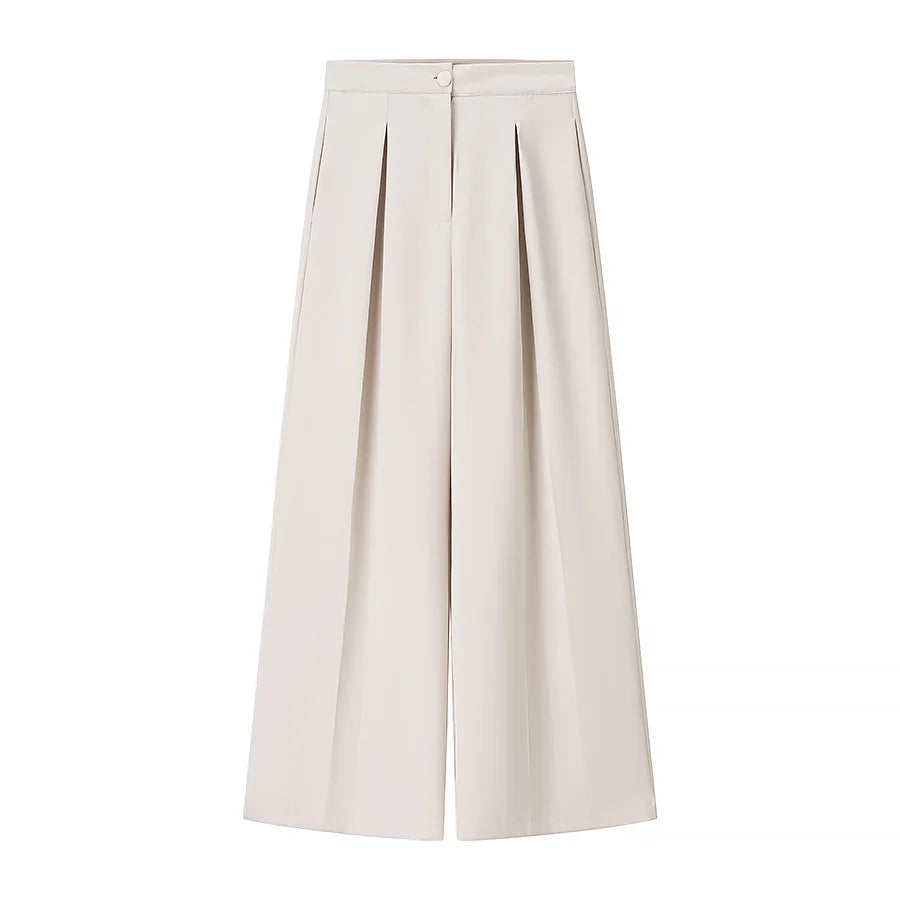 2 Pcs Women Chic Pants Suit Casual Turn-down Collar Slim Top+ Zipper Waist-drooping Wide-leg Long Pants Fashion Summer Suits Set