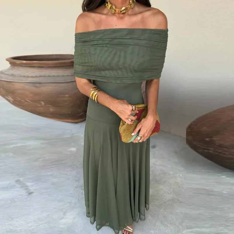 VESTIDO LARGO CON ESCOTE DE HOMBROS – PARA MUJER
