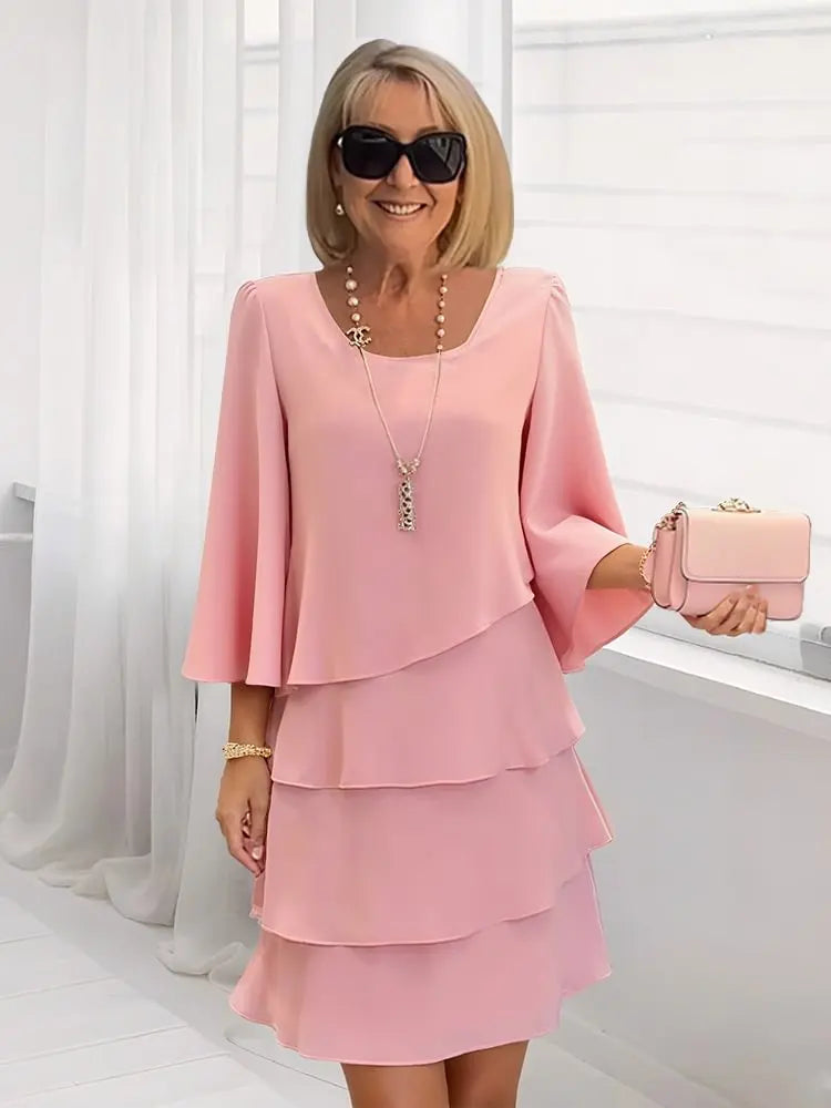 Catherine | Vestido de Mujer de Vuelo con Olanes - Rosa - S