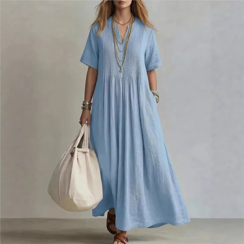 WREN | Vestido Maxi Azul de Manga Corta - Azul - XL
