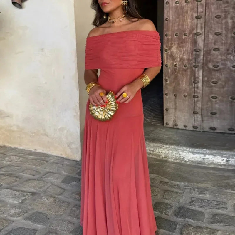 VESTIDO LARGO CON ESCOTE DE HOMBROS – PARA MUJER
