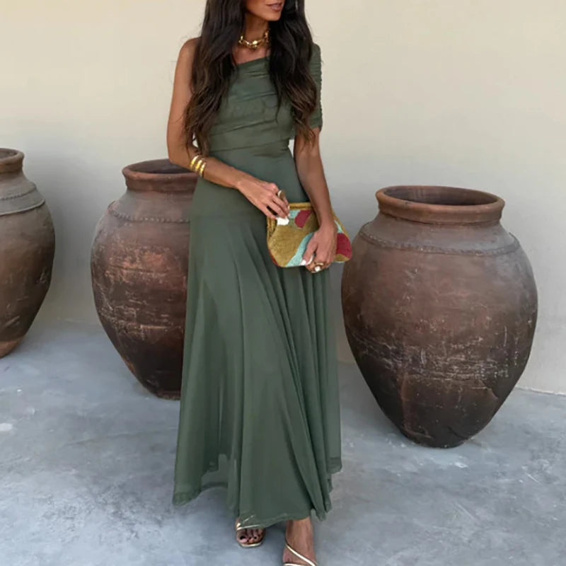 VESTIDO LARGO CON ESCOTE DE HOMBROS – PARA MUJER