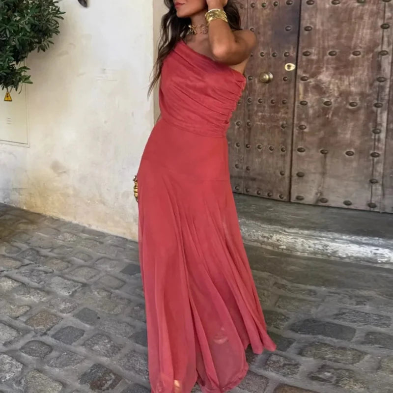 VESTIDO LARGO CON ESCOTE DE HOMBROS – PARA MUJER