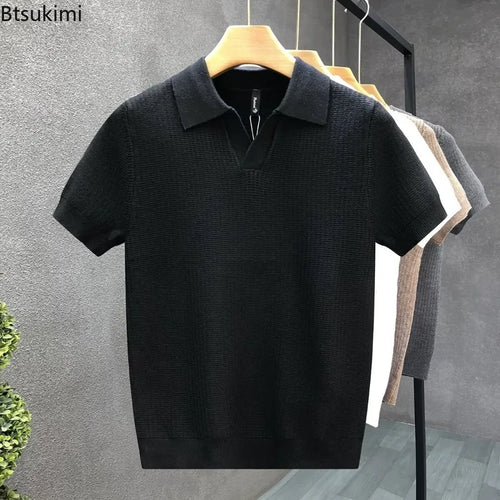 2026 Men's Summer Polo Shirt Korean Style Slim Wrinkle Resistant Collar Solid Color T-Shirts Casual Thin Sleeve Trendy Knit Tops