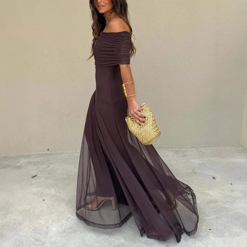 VESTIDO LARGO CON ESCOTE DE HOMBROS – PARA MUJER