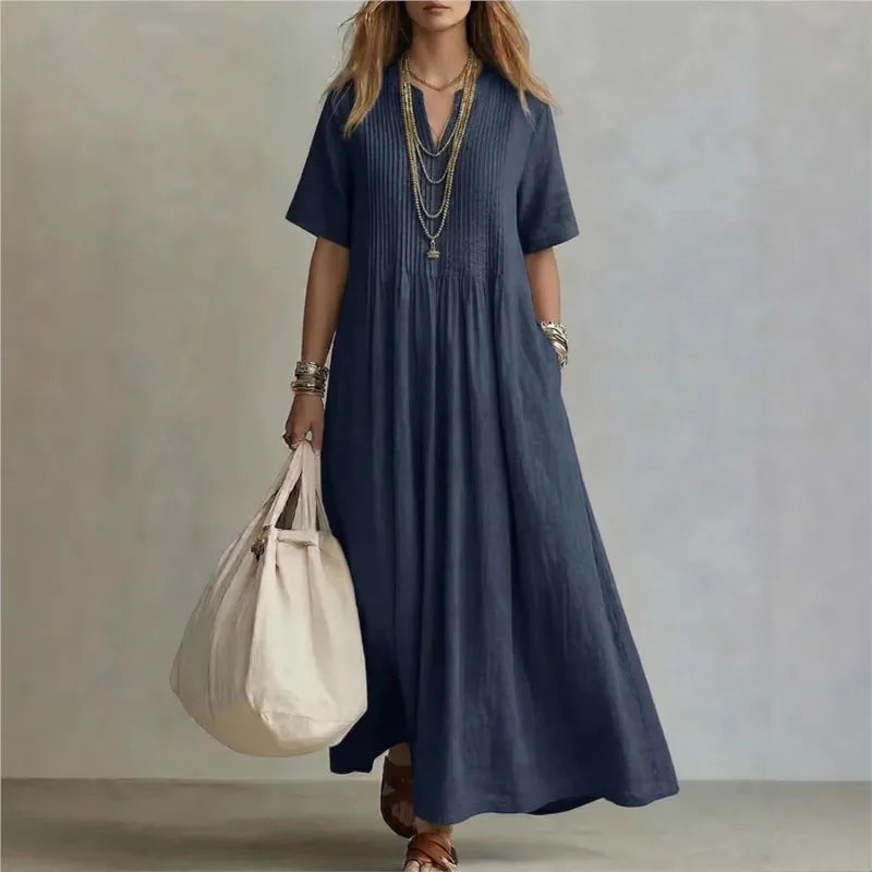 WREN | Vestido Maxi Azul de Manga Corta - Azul - M