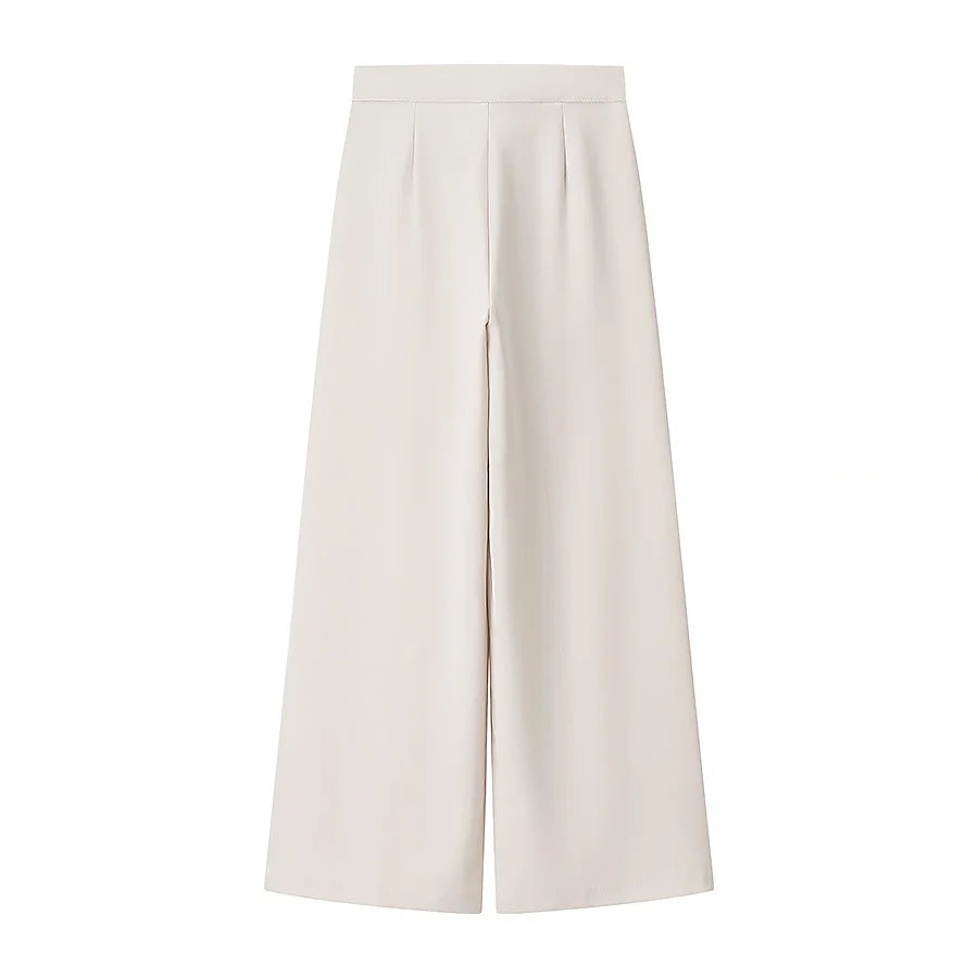 2 Pcs Women Chic Pants Suit Casual Turn-down Collar Slim Top+ Zipper Waist-drooping Wide-leg Long Pants Fashion Summer Suits Set