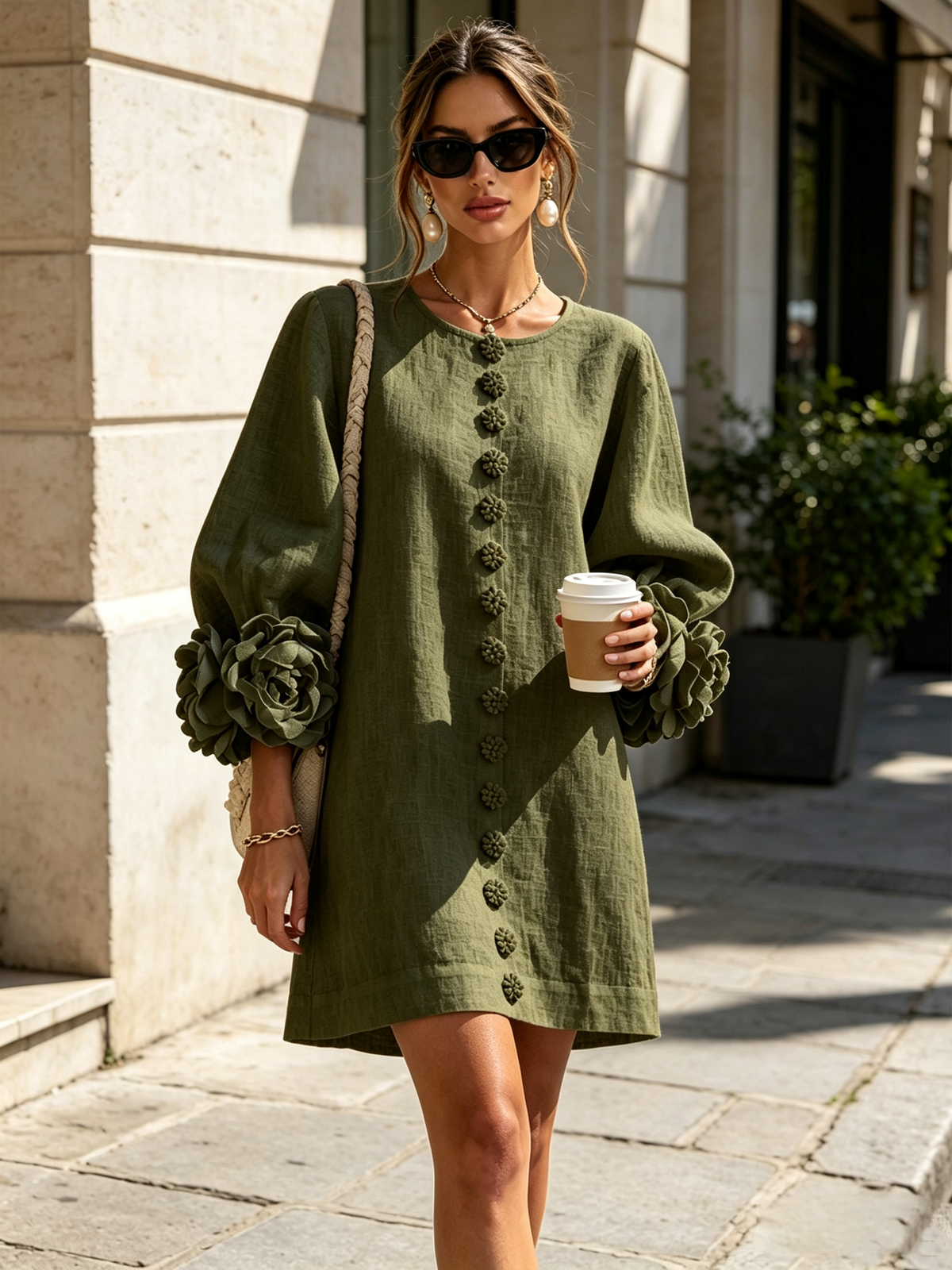 Raffaella | Vestido Mini Camisero Floral Verde Oliva