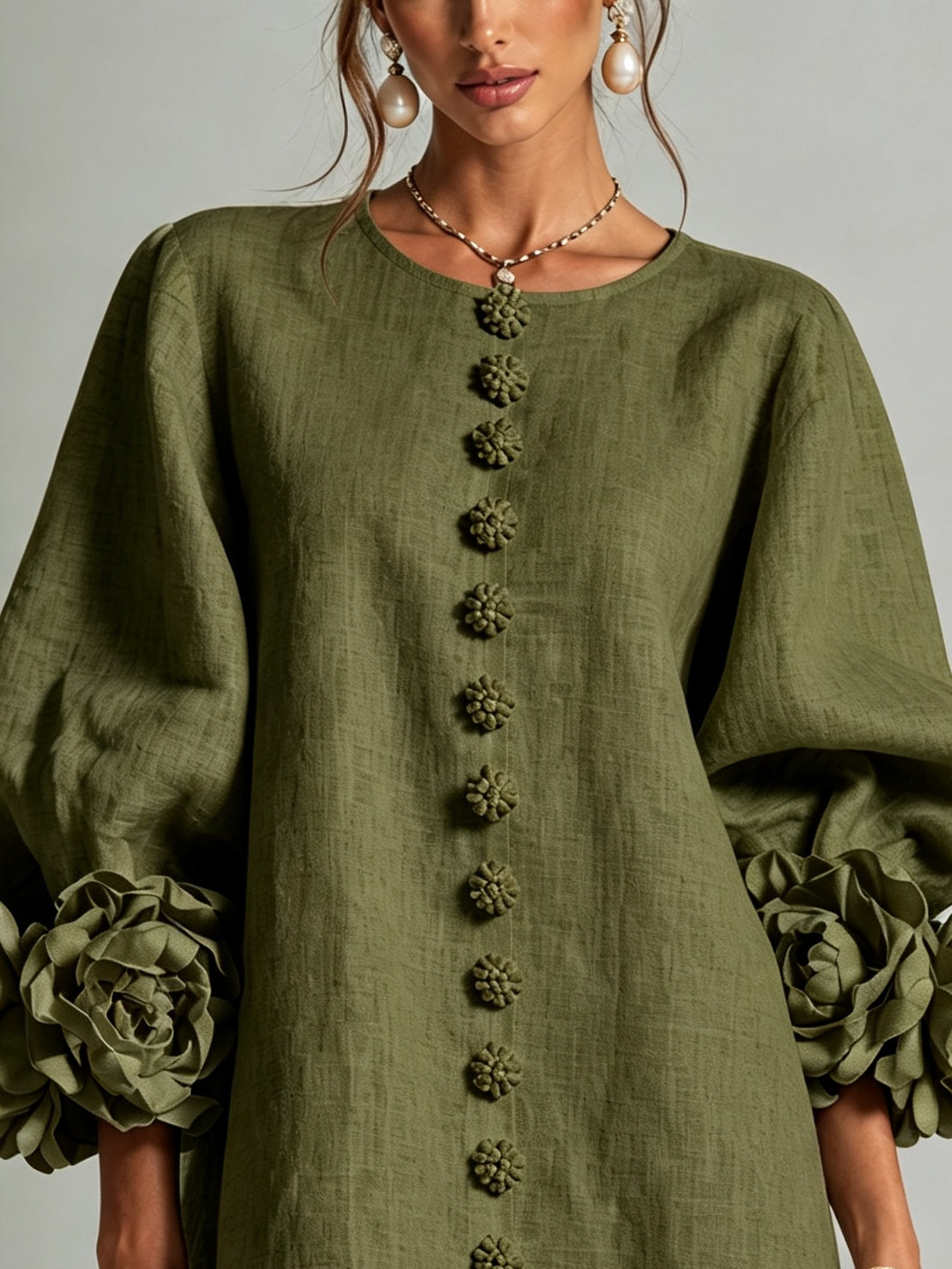 Raffaella | Vestido Mini Camisero Floral Verde Oliva
