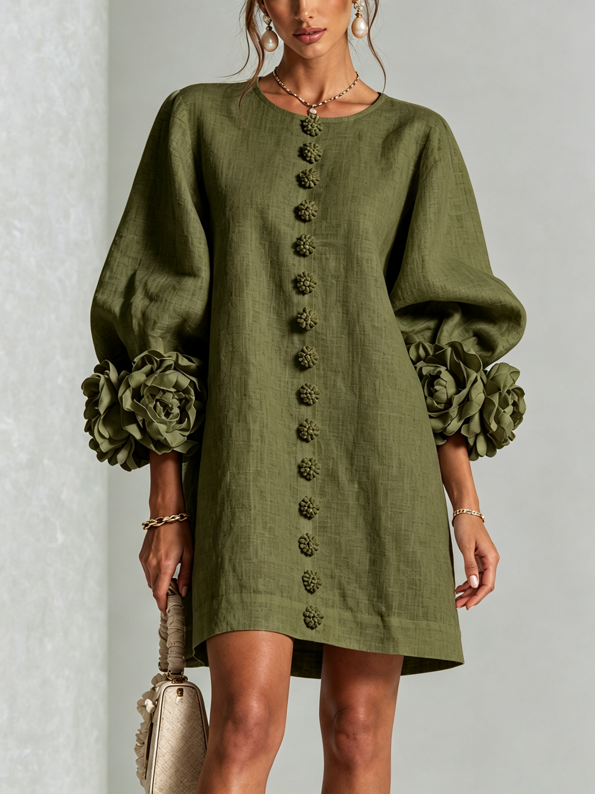 Raffaella | Vestido Mini Camisero Floral Verde Oliva