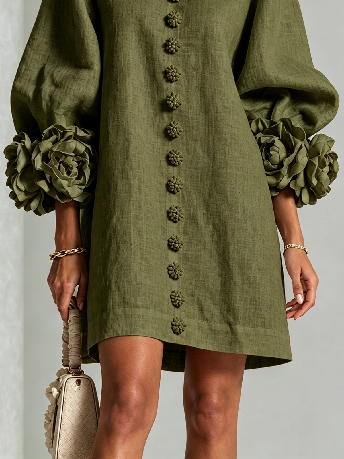 Raffaella | Vestido Mini Camisero Floral Verde Oliva