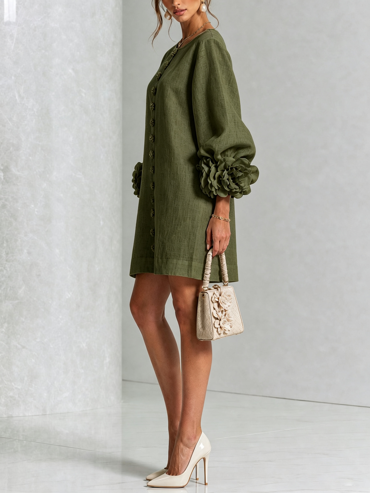 Raffaella | Vestido Mini Camisero Floral Verde Oliva