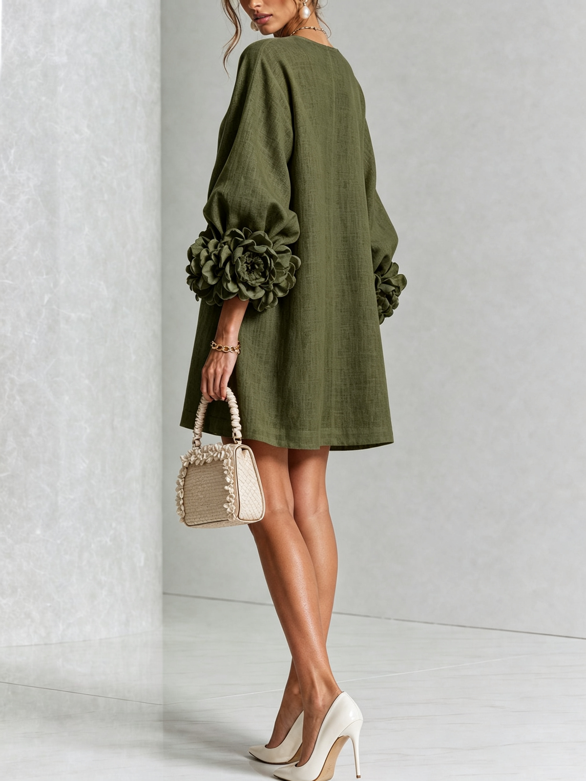 Raffaella | Vestido Mini Camisero Floral Verde Oliva