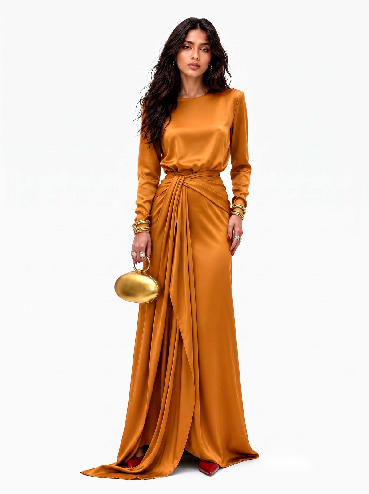 Cassandra | Vestido Largo de Mujer de Satín Drapeado - Café - S