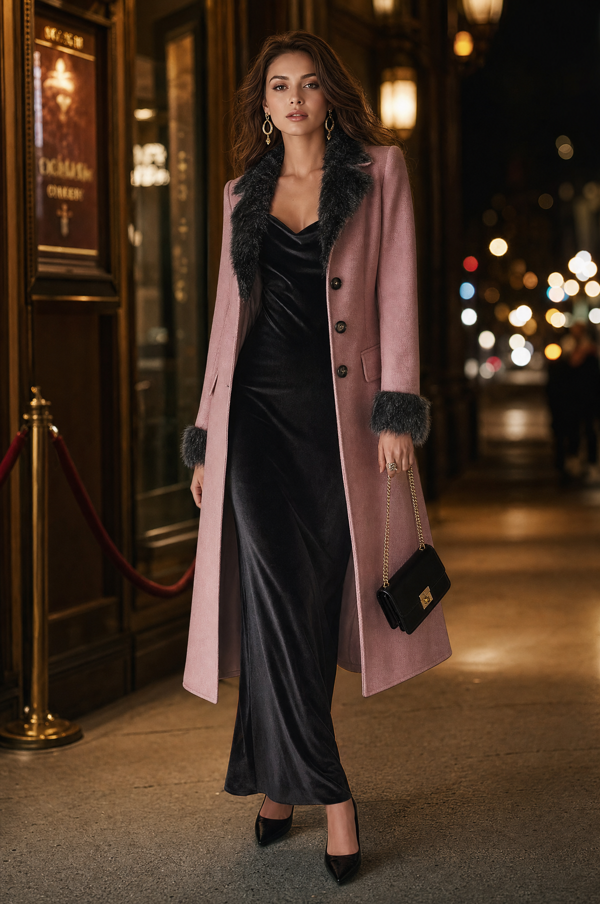 Abrigo Midi Entallado de Estilo Vintage en Mezcla de Lana con Ribete Mullido - Rosa - M