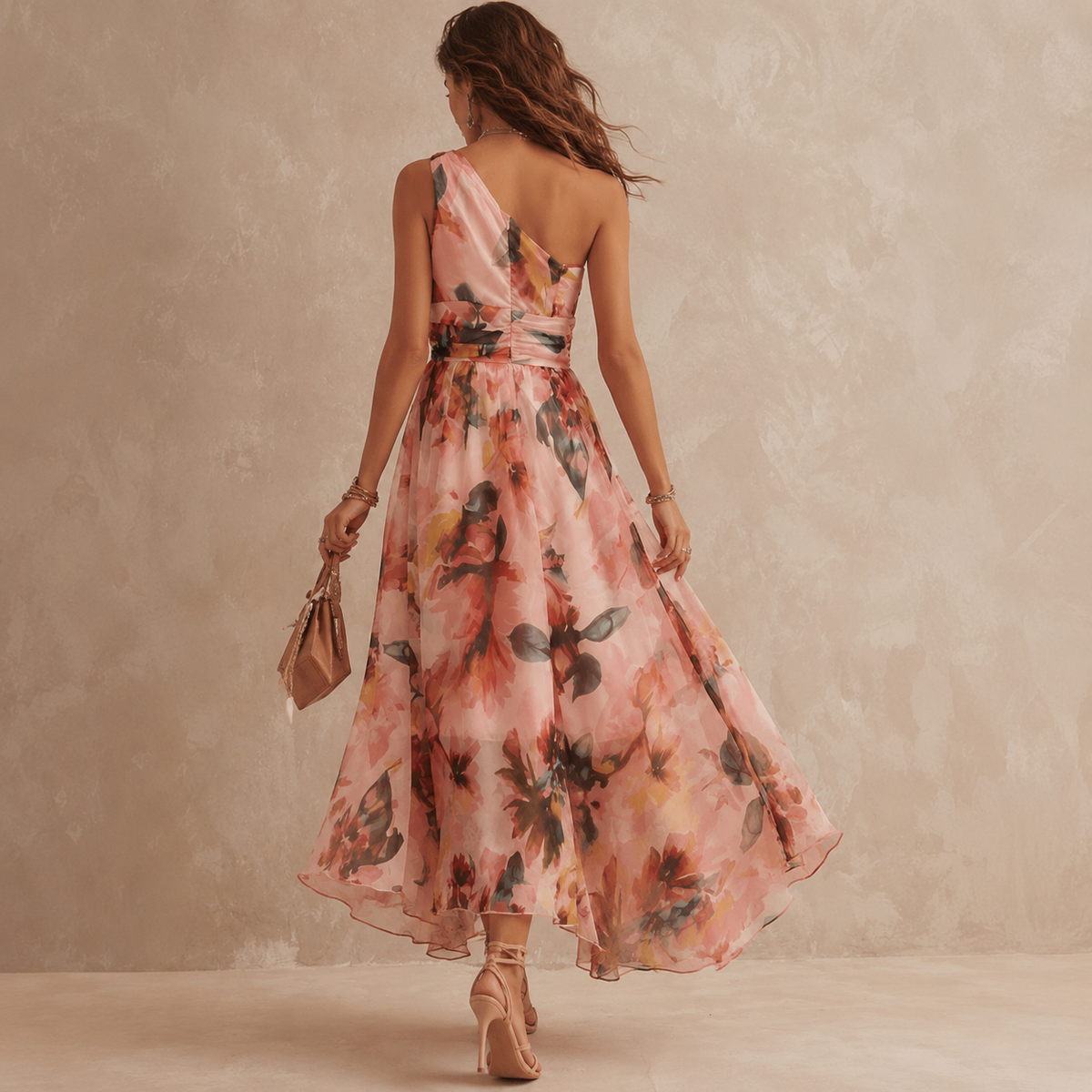 Aurora | Vestido Largo de Mujer Floral de un Solo Hombro - Rosa - 2XL