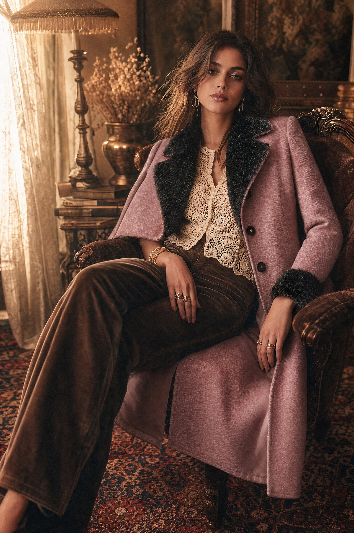 Abrigo Midi Entallado de Estilo Vintage en Mezcla de Lana con Ribete Mullido - Rosa - S