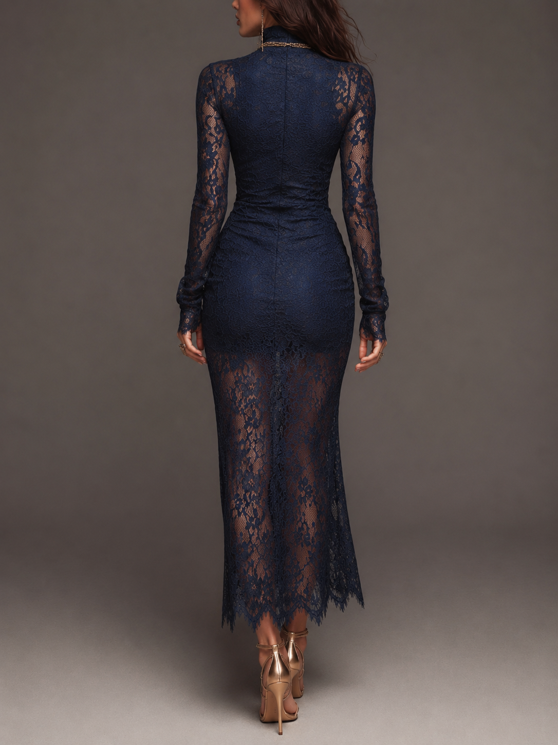 Vestido Midi Bodycon Bohemio Romántico de Encaje Floral Festoneado con Cuello Alto, Manga Larga, Fruncido Lateral y Abertura Alta - Azul Marino - L