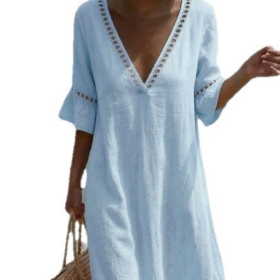 ELARA | Vestido Maxi Fresco, Cómodo y Favorecedor, Estilo Playero - Azul Cielo - L