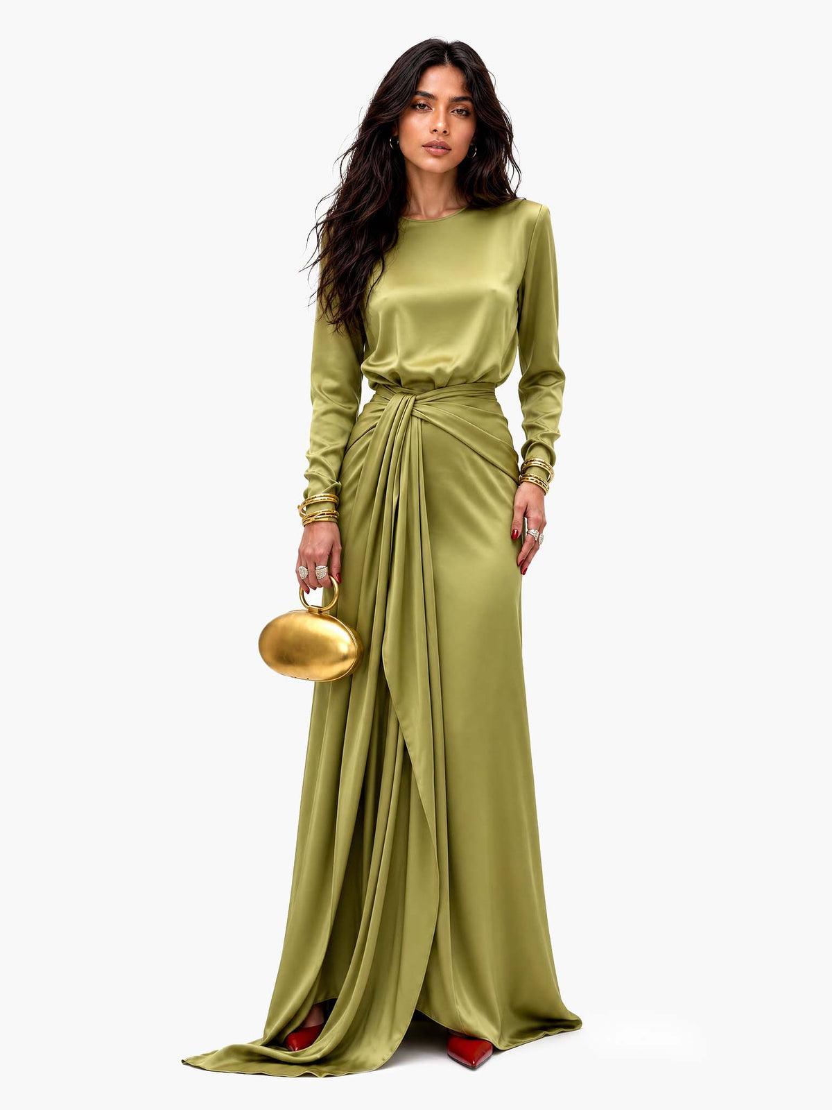 Cassandra | Vestido Largo de Mujer de Satín Drapeado - Verde - S