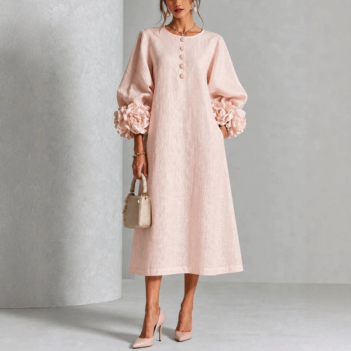 IVY | Vestido Midi Floral con Puños en Forma de Rosa - Rosa - S