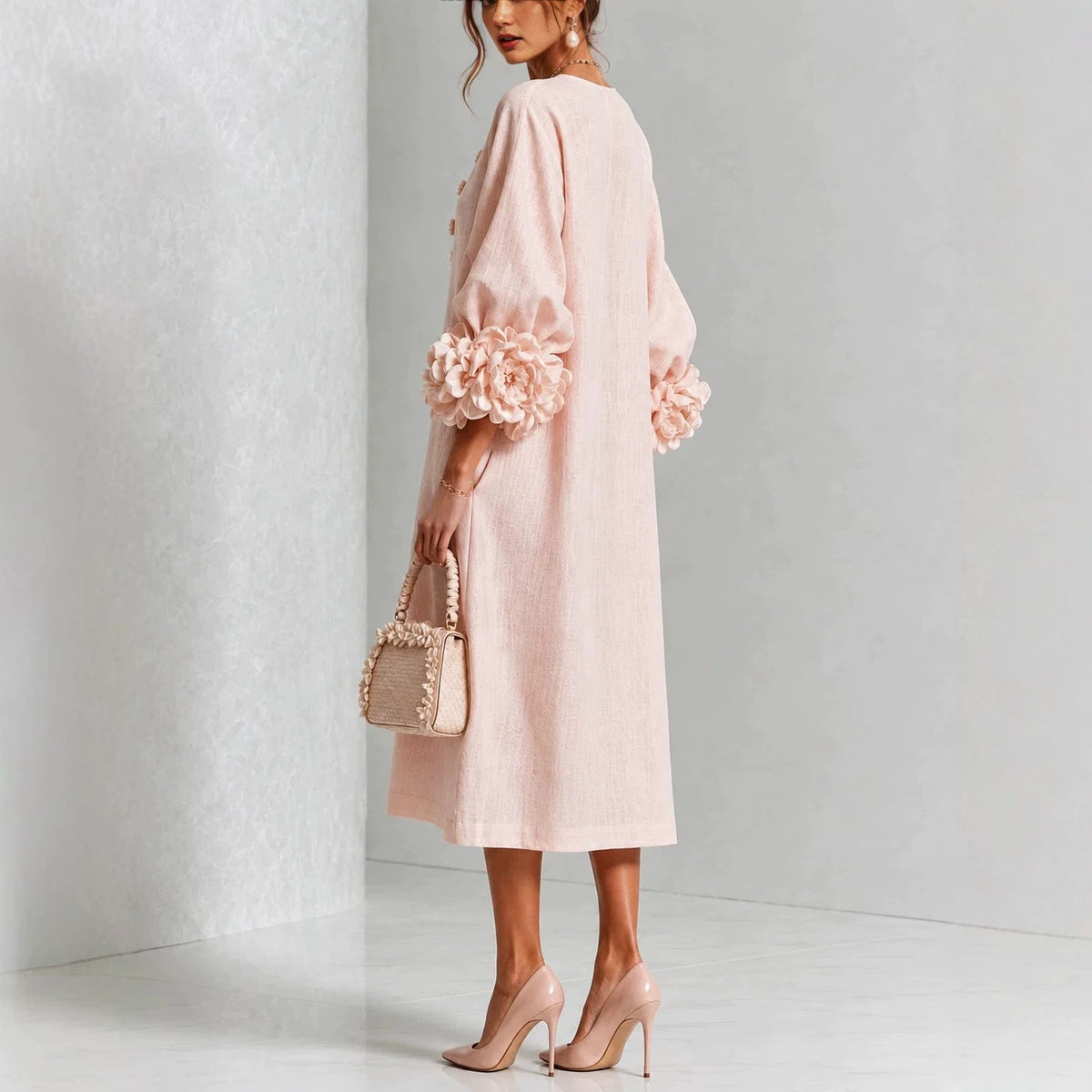 IVY | Vestido Midi Floral con Puños en Forma de Rosa - Rosa - M