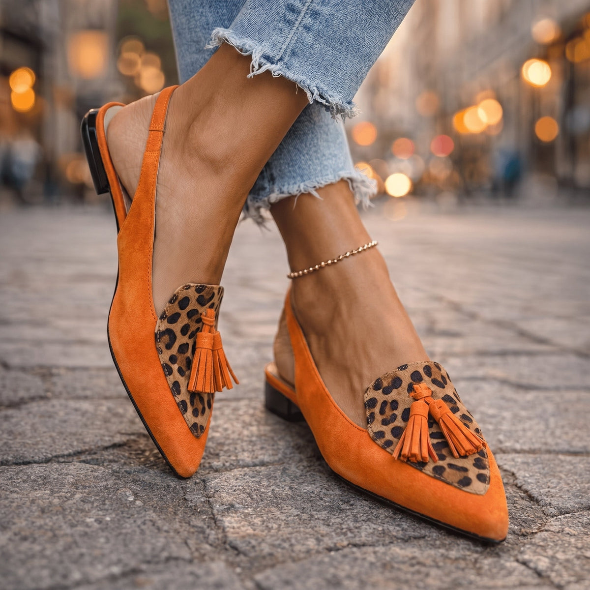 Elena | Sandalias para Mujer con Correas y Flecos - Naranja y Leopardo - 35
