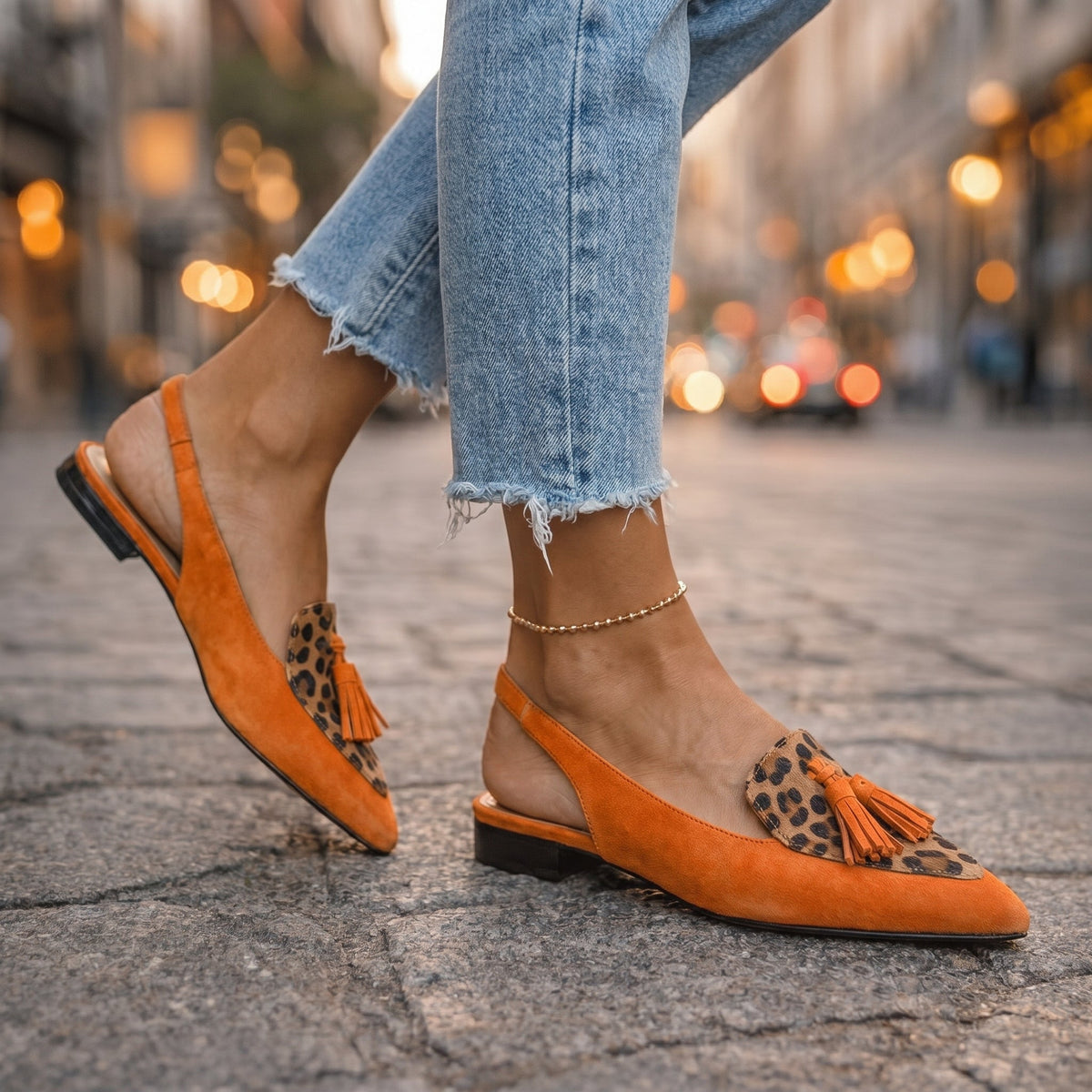 Elena | Sandalias para Mujer con Correas y Flecos - Naranja y Leopardo - 36