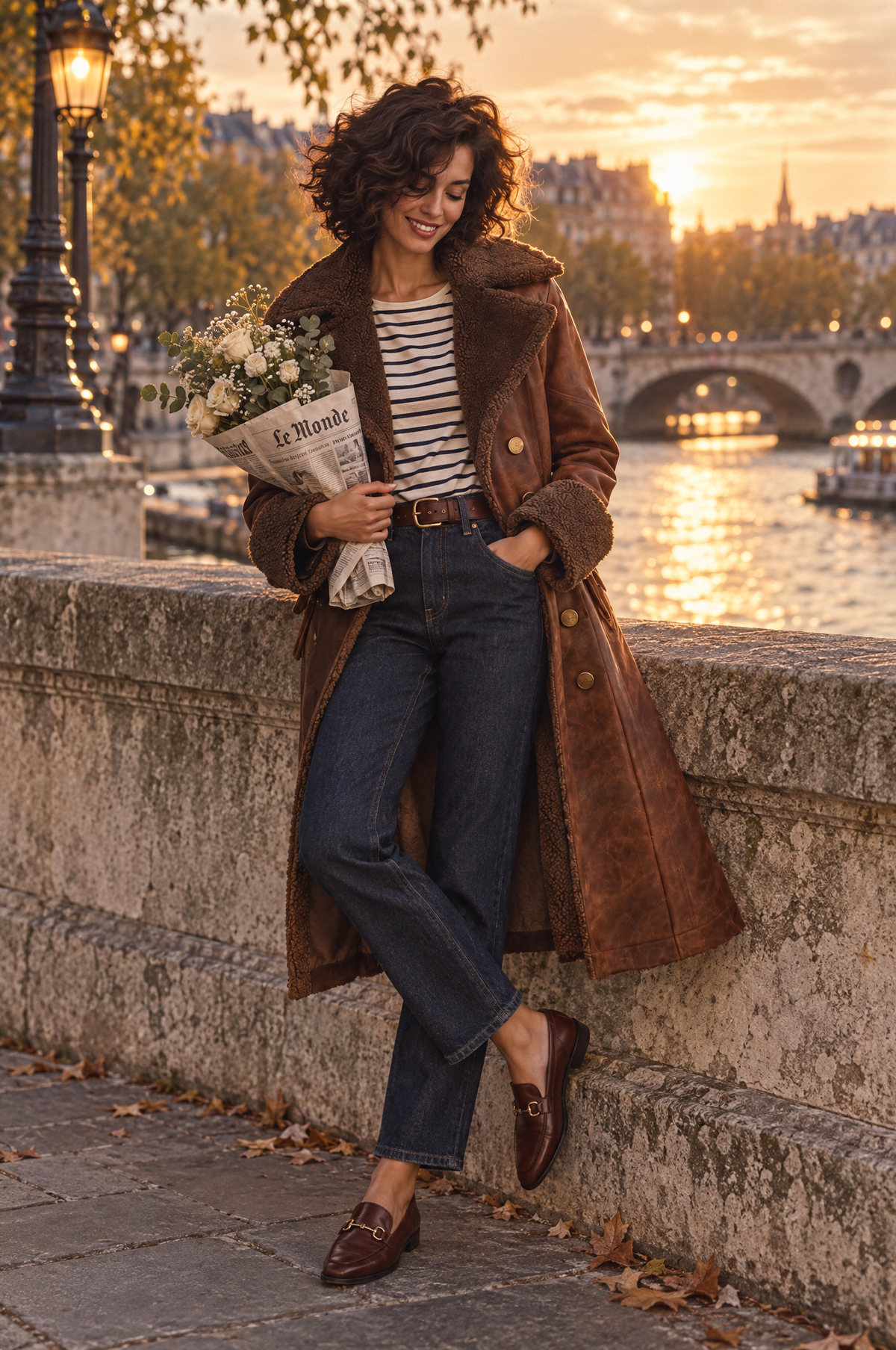 Gabardina de Piel para Mujer con Ribete de Borrego Sintético - Café - S